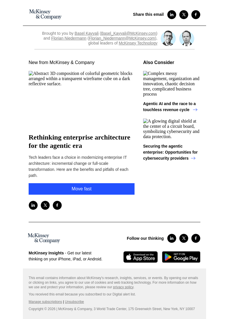 Письмо компании «McKinsey & Company» на тему «Rethinking enterprise architecture for the agentic era»