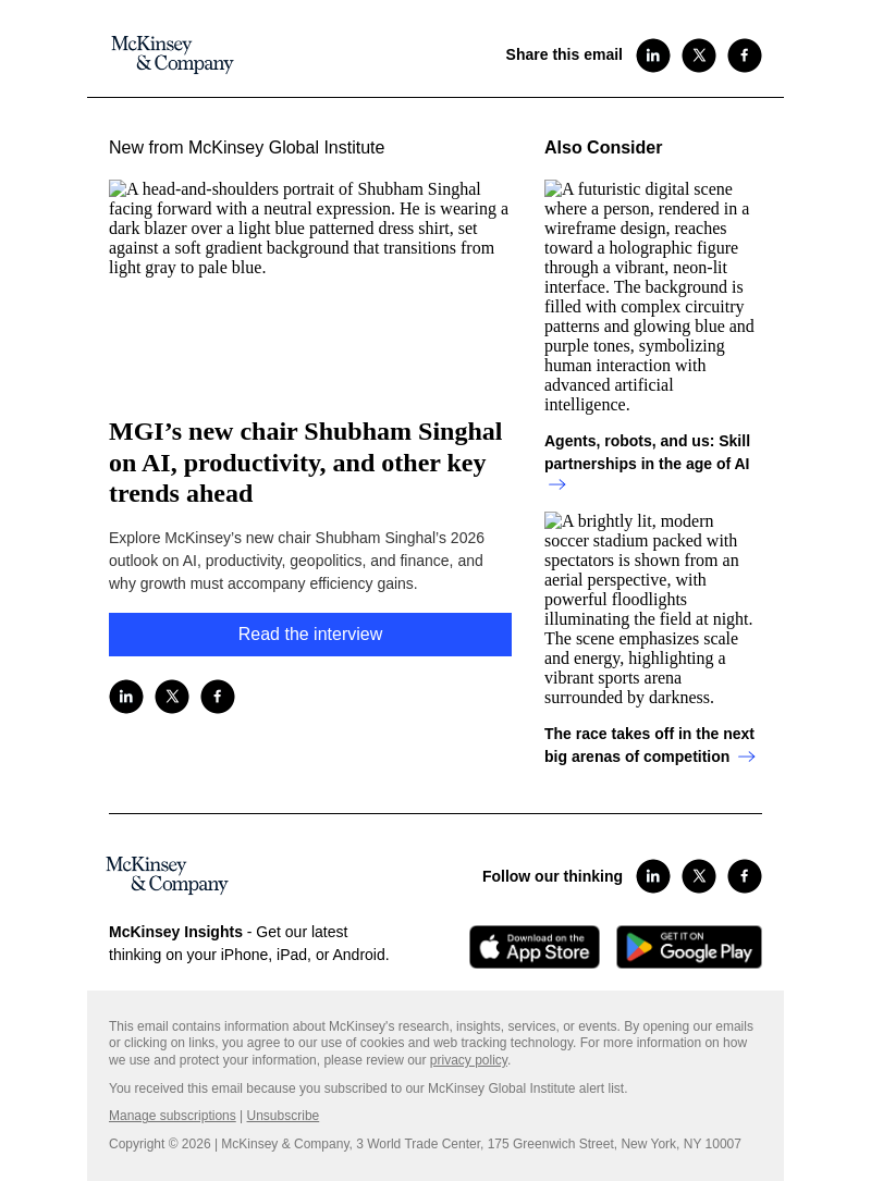 Письмо компании «McKinsey & Company» на тему «MGI’s new chair Shubham Singhal on AI, productivity, and other key trends ahead»