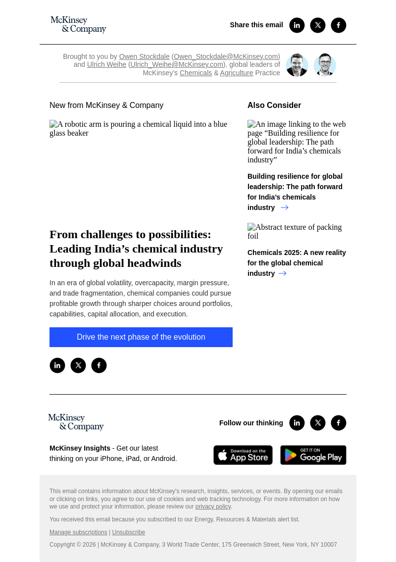 Письмо компании «McKinsey & Company» на тему «From challenges to possibilities: Leading India’s chemical industry through global headwinds»