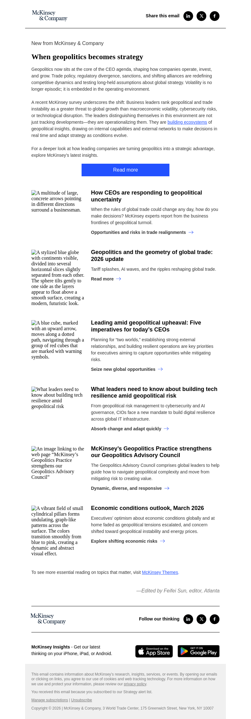 Письмо компании «McKinsey & Company» на тему «When geopolitics becomes strategy»