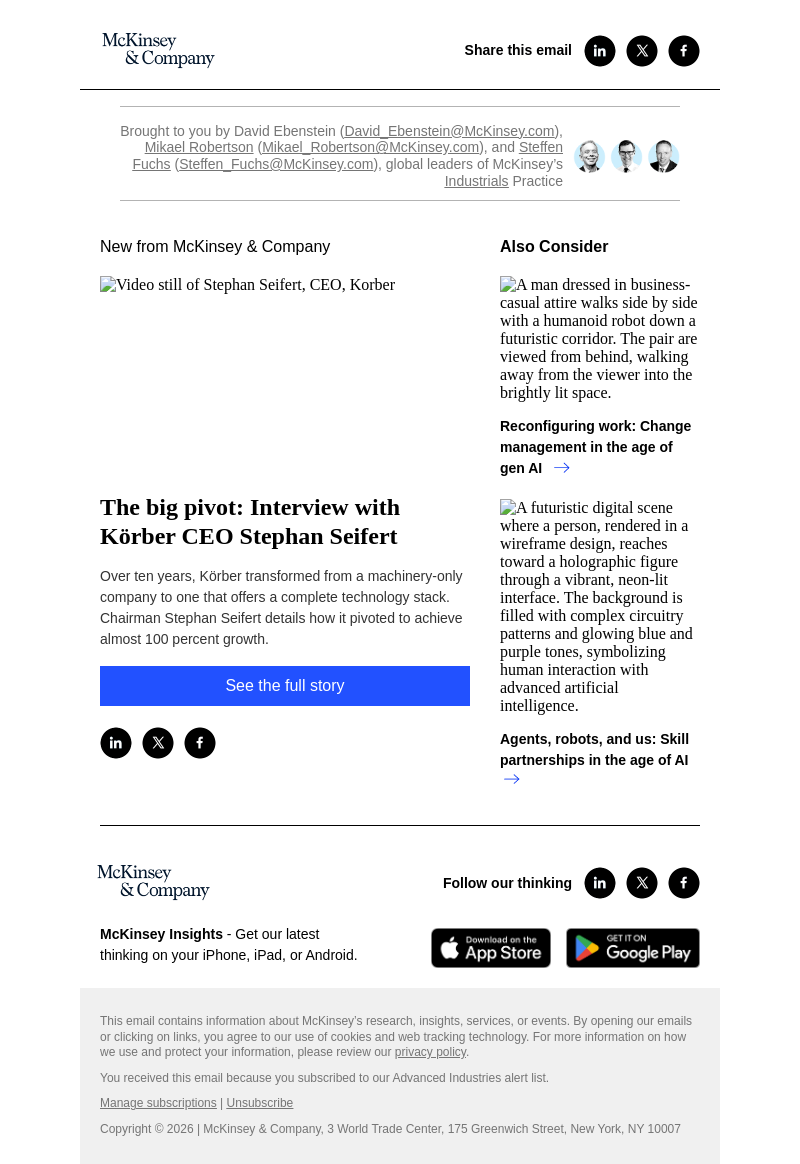 Письмо компании «McKinsey & Company» на тему «The big pivot: Interview with Körber CEO Stephan Seifert»