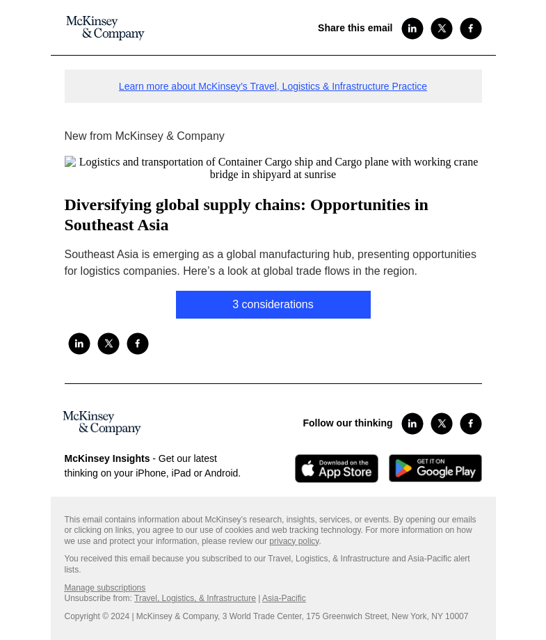 Письмо компании «McKinsey & Company» на тему «Diversifying global supply chains: Opportunities in Southeast Asia»