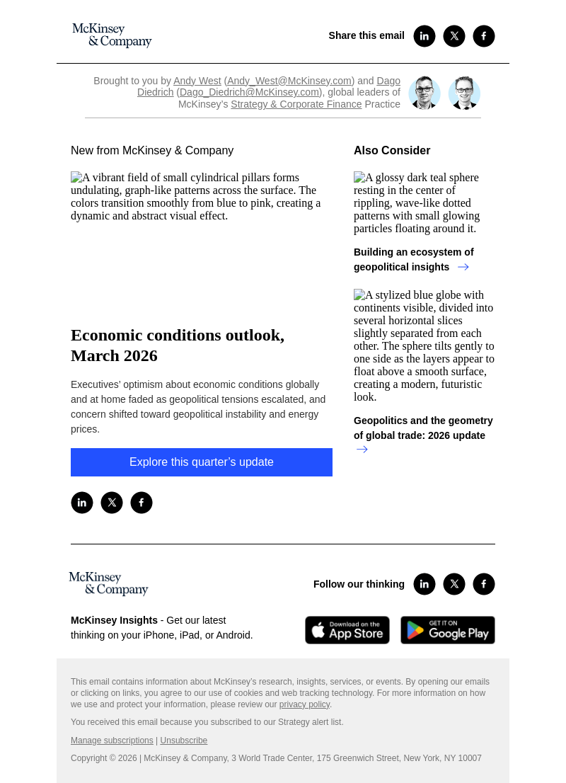Письмо компании «McKinsey & Company» на тему «Economic conditions outlook, March 2026»
