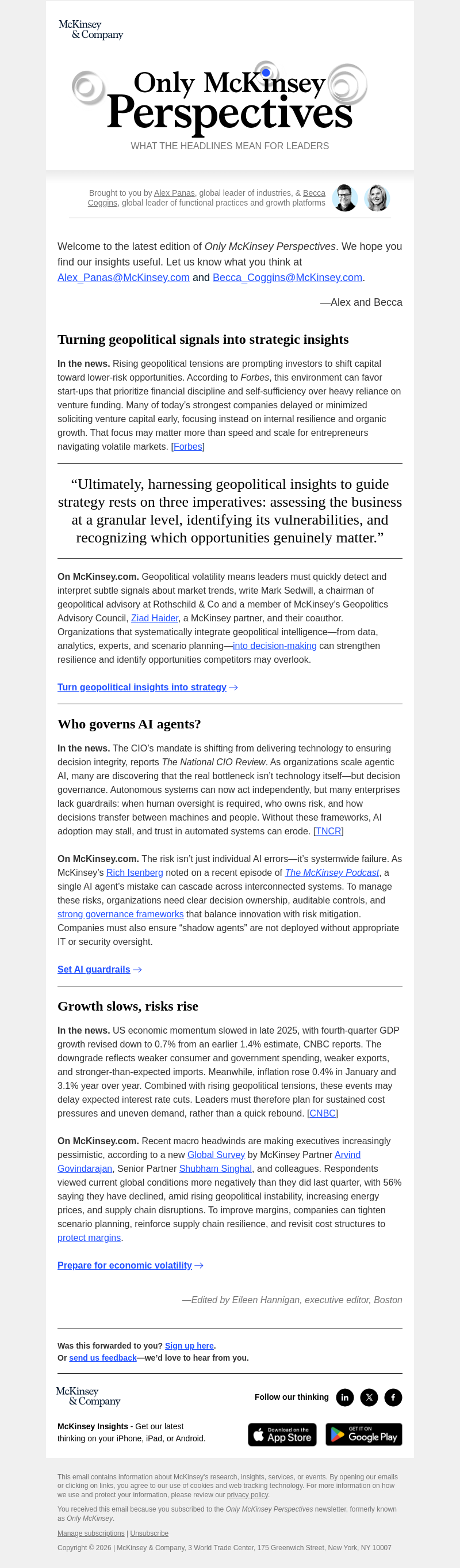 Письмо компании «McKinsey & Company» на тему «Geopolitics in focus, AI agents need clear guardrails, economic
 growth slows»