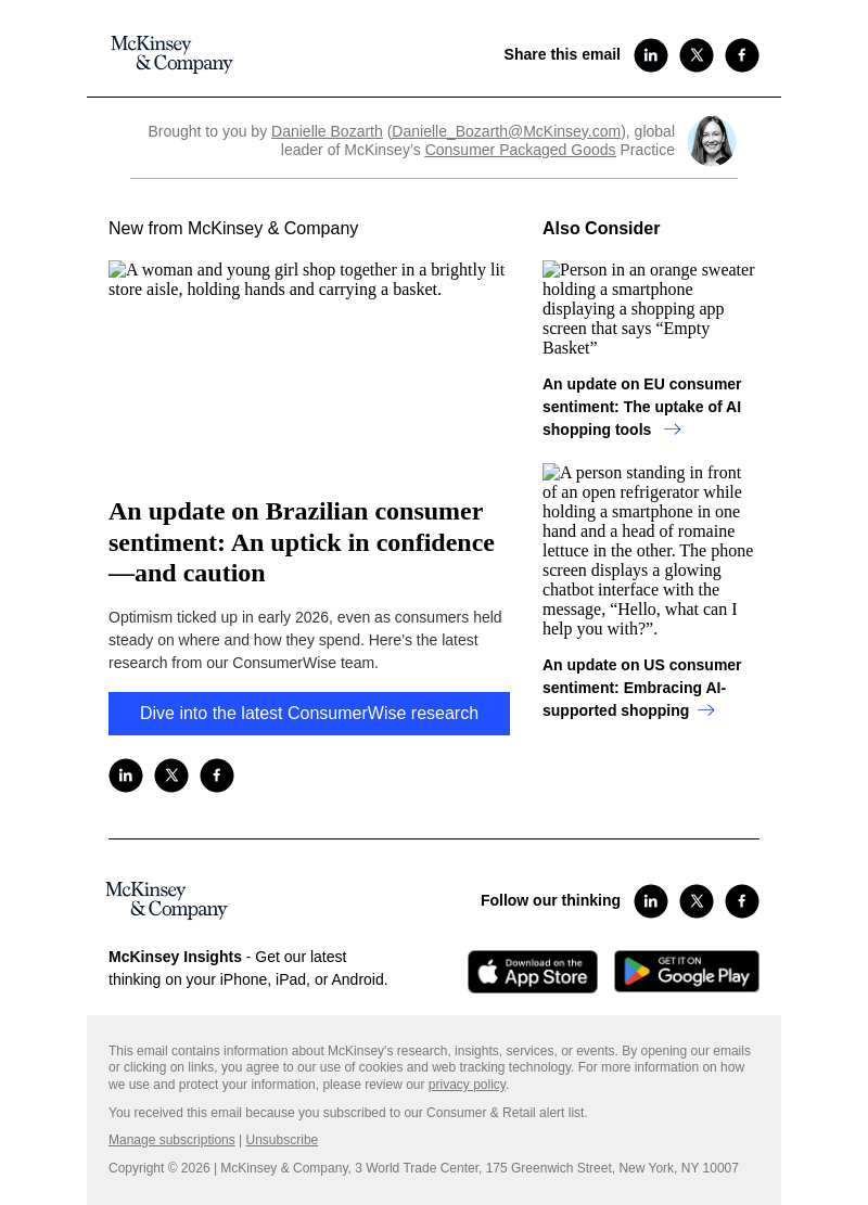 Письмо компании «McKinsey & Company» на тему «An update on Brazilian consumer sentiment: An uptick in confidence—and caution»
