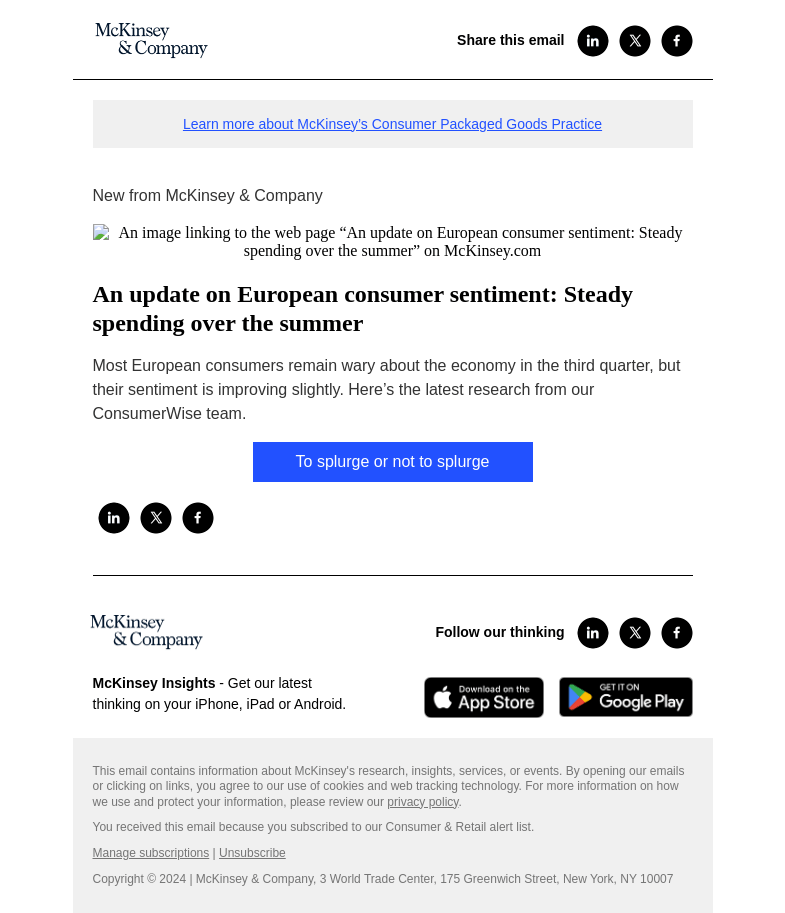 Письмо компании «McKinsey & Company» на тему «An update on European consumer sentiment: Steady spending over the
 summer»