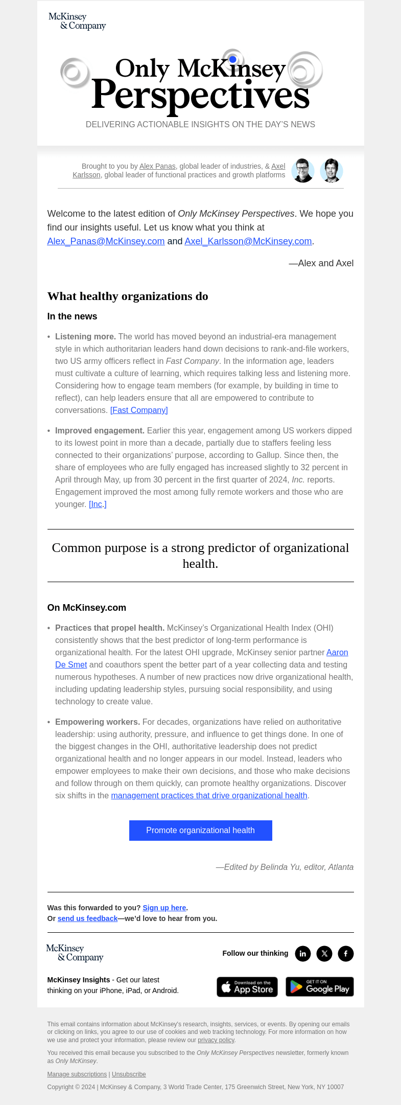 Письмо компании «McKinsey & Company» на тему «Want to know what makes organizations healthy?»