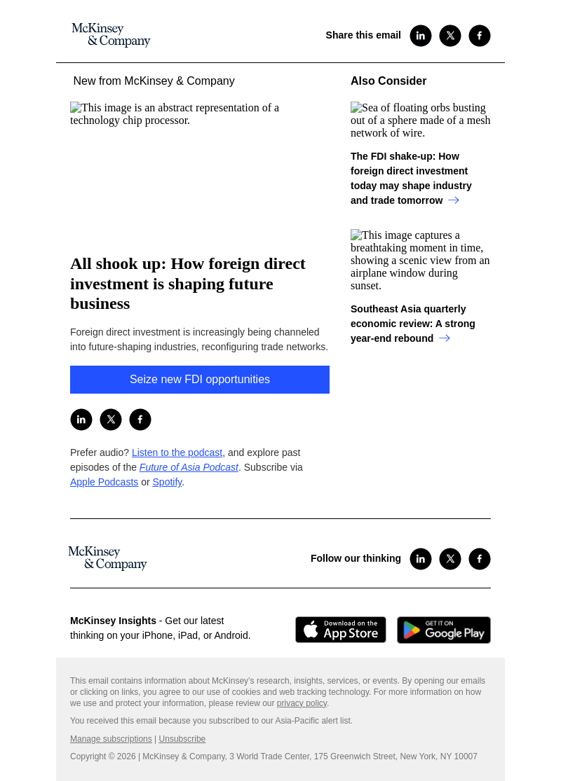 Письмо компании «McKinsey & Company» на тему «All shook up: How foreign direct investment is shaping future
 business»