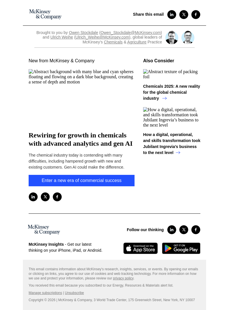 Письмо компании «McKinsey & Company» на тему «Rewiring for growth in chemicals with advanced analytics and gen AI»