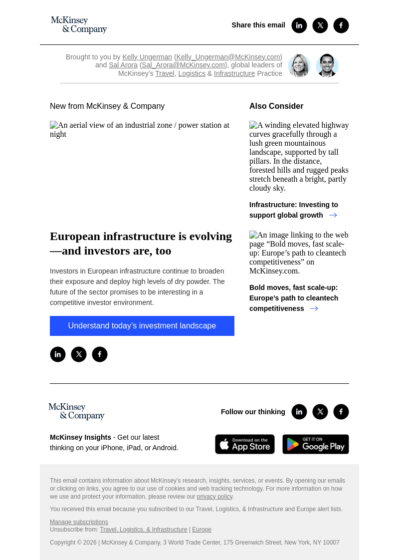 Письмо компании «McKinsey & Company» на тему «European infrastructure is evolving—and investors are, too»