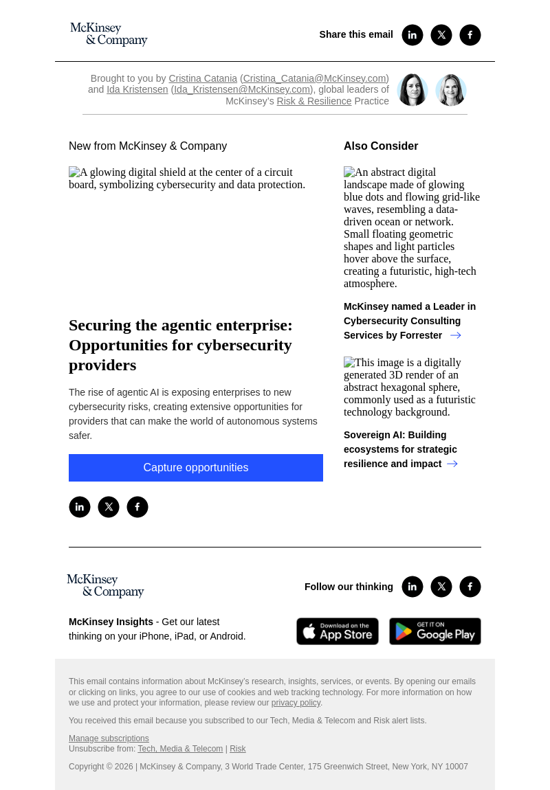 Письмо компании «McKinsey & Company» на тему «Securing the agentic enterprise: Opportunities for cybersecurity
 providers»