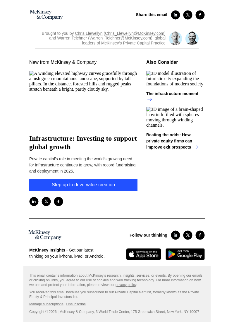 Письмо компании «McKinsey & Company» на тему «Infrastructure: Investing to support global growth»