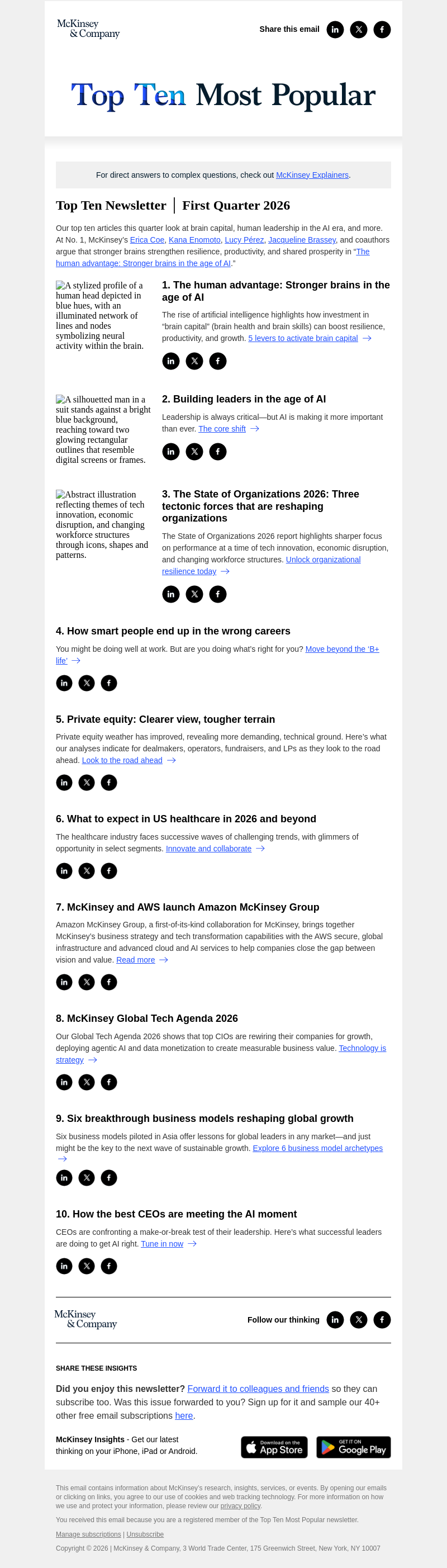 Письмо компании «McKinsey & Company» на тему «Top 10 articles this quarter»