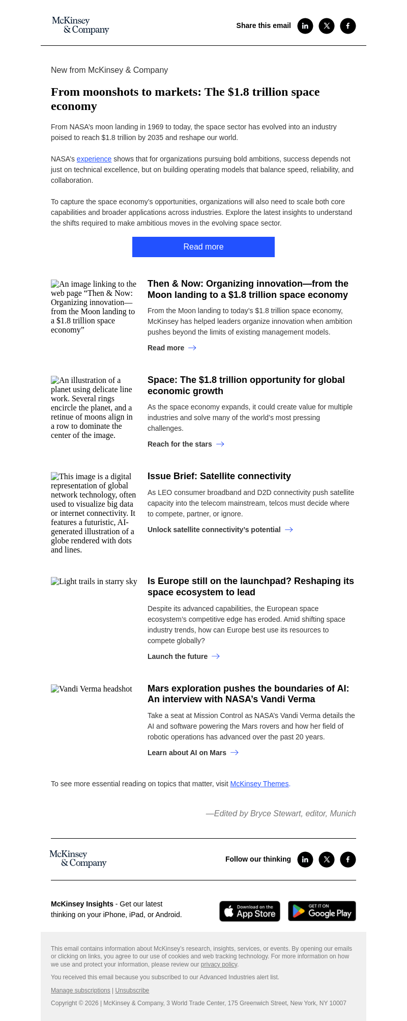 Письмо компании «McKinsey & Company» на тему «From moonshots to markets: The $1.8 trillion space economy»