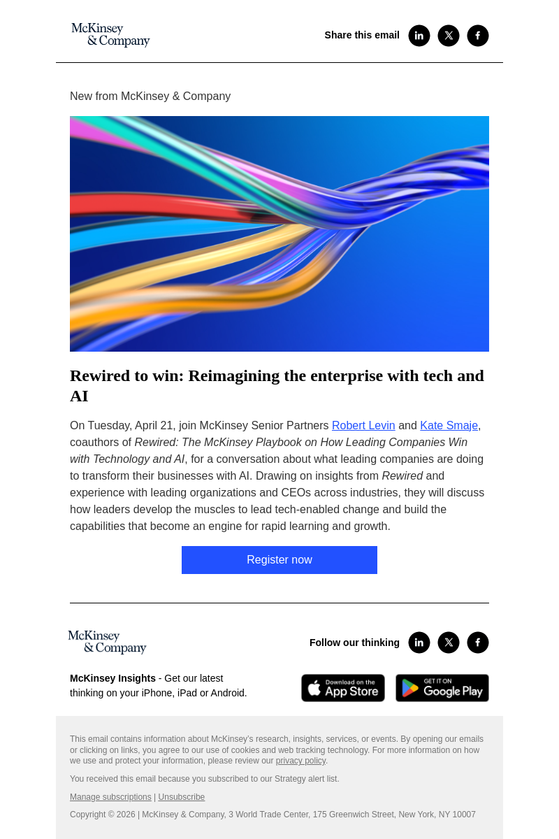 Письмо компании «McKinsey & Company» на тему «You’re invited! Join us for a McKinsey Live virtual event»