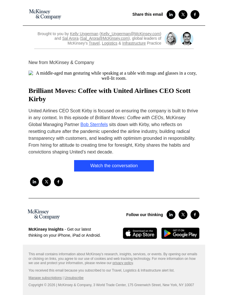 Письмо компании «McKinsey & Company» на тему «Brilliant Moves: Coffee with United Airlines CEO Scott Kirby»
