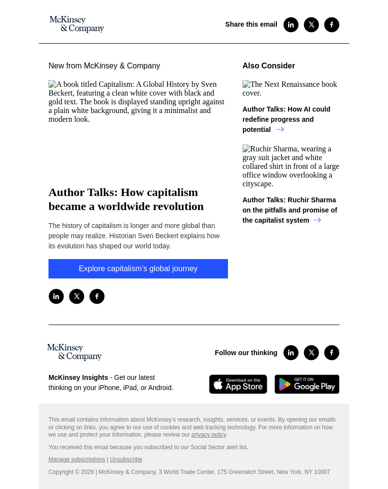 Письмо компании «McKinsey & Company» на тему «Author Talks: How capitalism became a worldwide revolution»