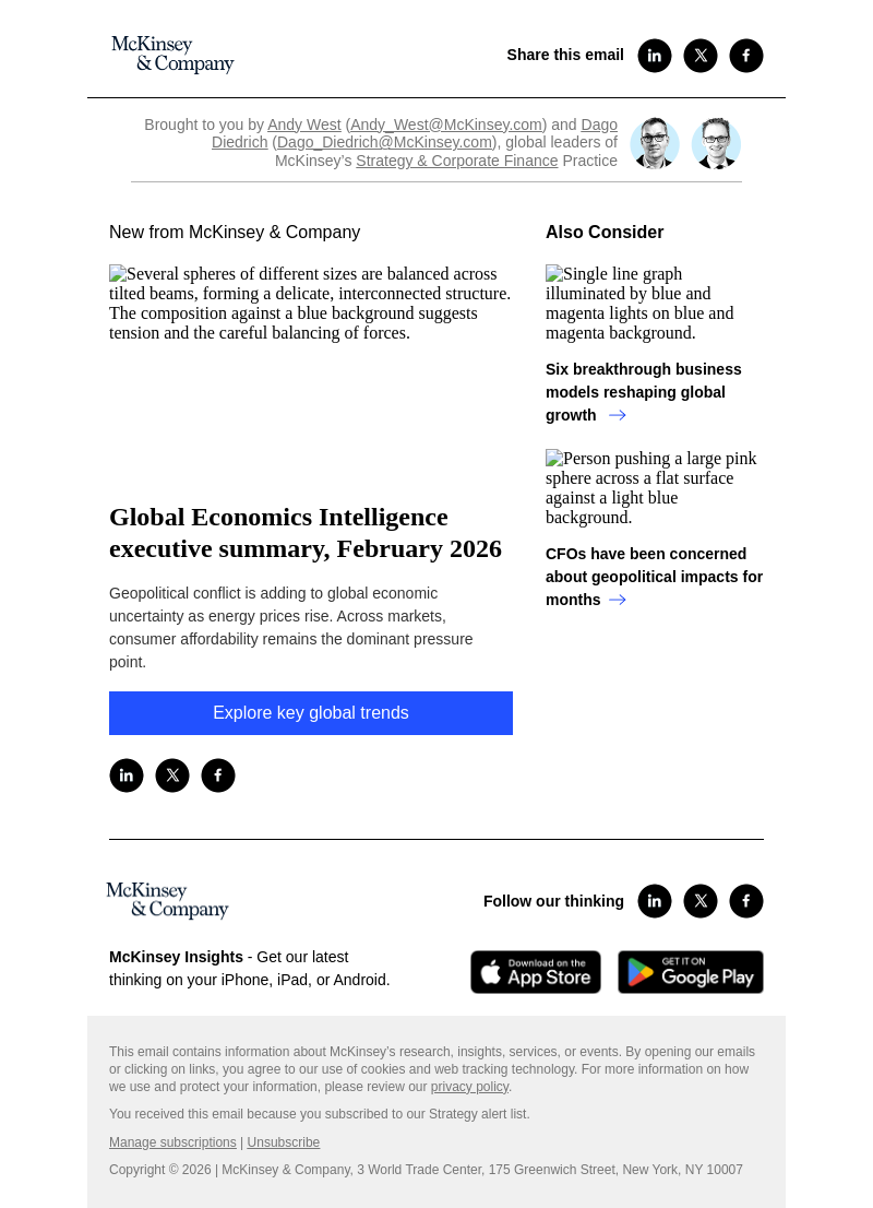 Письмо компании «McKinsey & Company» на тему «Global Economics Intelligence executive summary, February 2026 »
