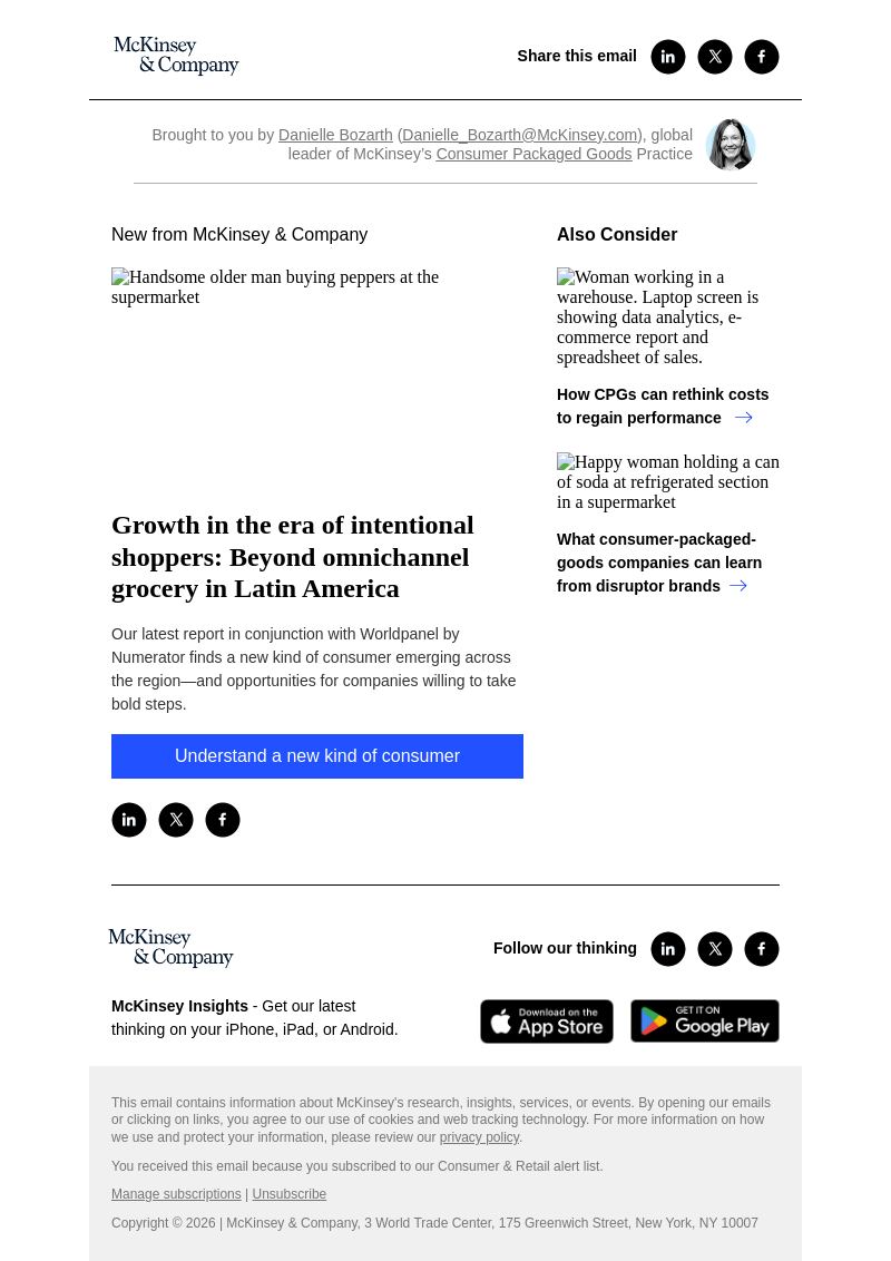 Письмо компании «McKinsey & Company» на тему «Growth in the era of intentional shoppers: Beyond omnichannel
 grocery in Latin America»
