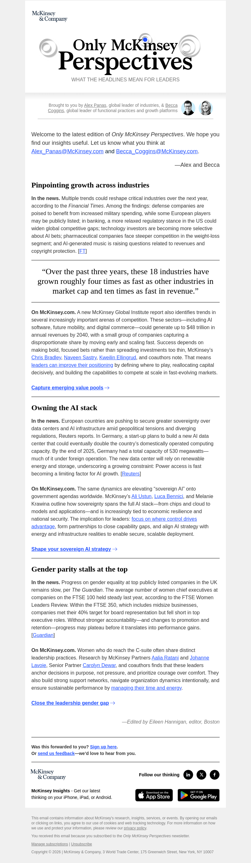 Письмо компании «McKinsey & Company» на тему «Growth shifts to new arenas, AI sovereignty rises, gender parity
 stalls»