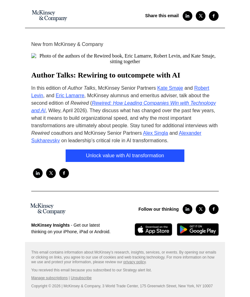Письмо компании «McKinsey & Company» на тему «Author Talks: Rewiring to outcompete with AI»