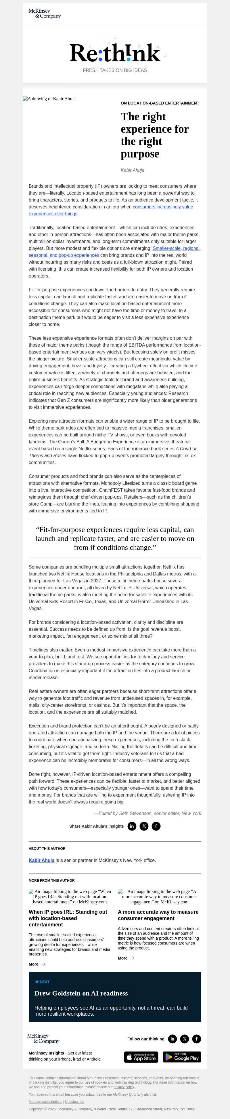 Письмо компании «McKinsey & Company» на тему «In-person experiences with the proper scale and format»