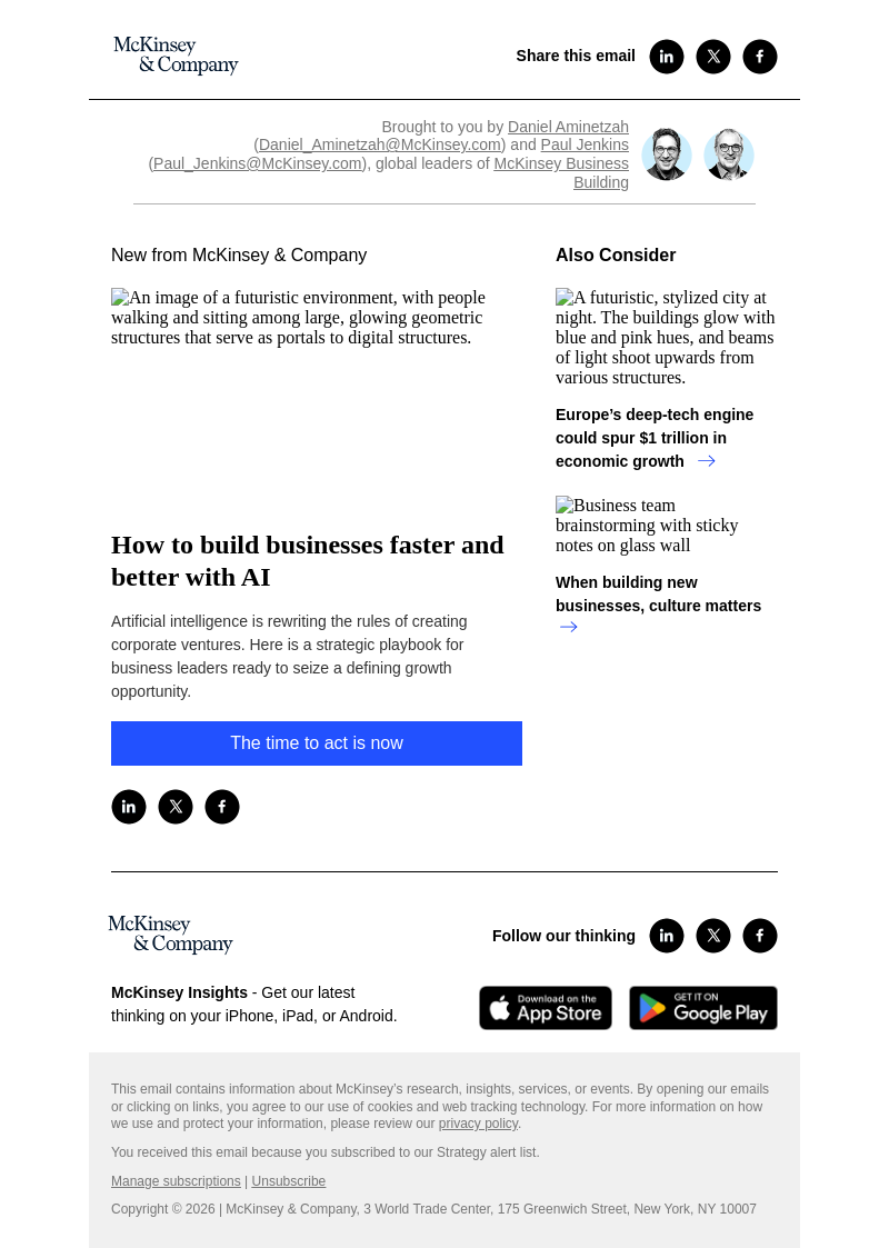 Письмо компании «McKinsey & Company» на тему «How to build businesses faster and better with AI»