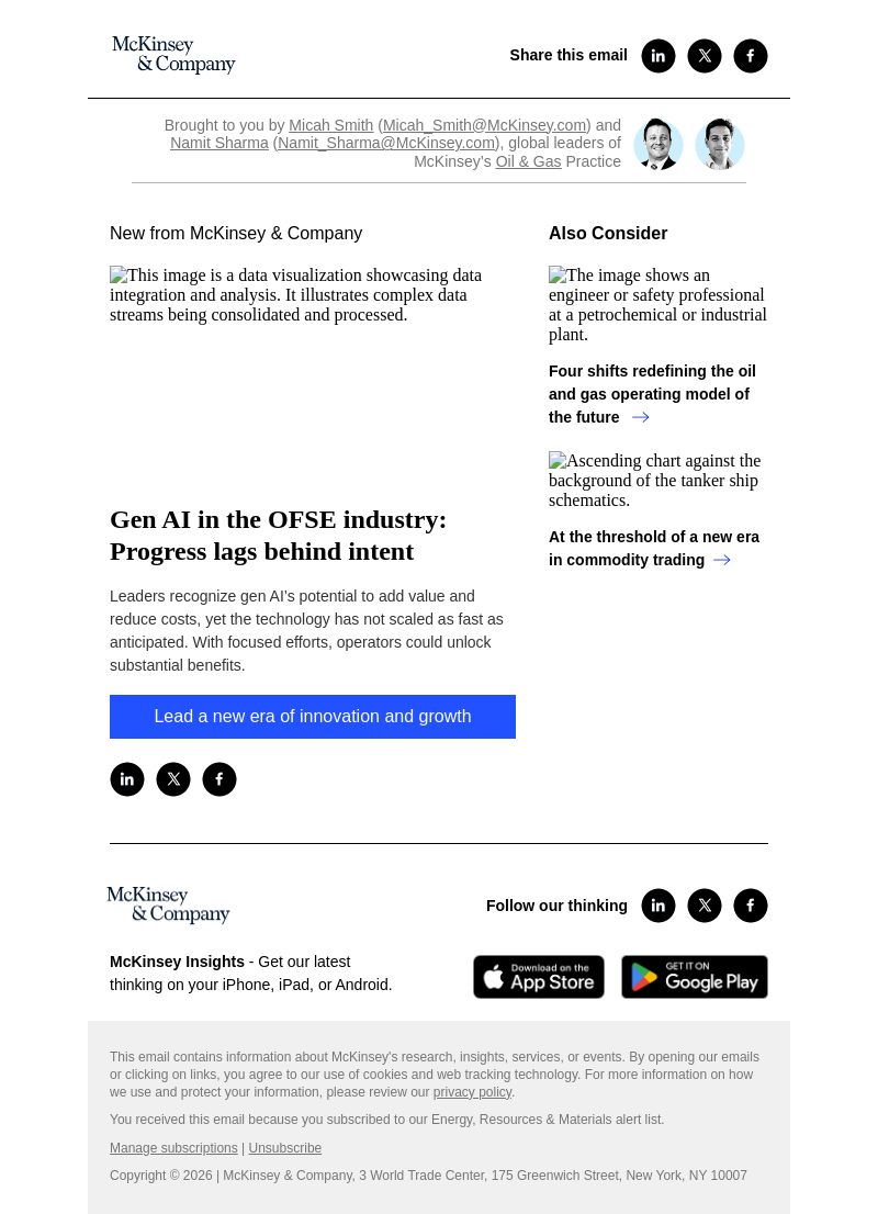 Письмо компании «McKinsey & Company» на тему «Gen AI in the OFSE industry: Progress lags behind intent»