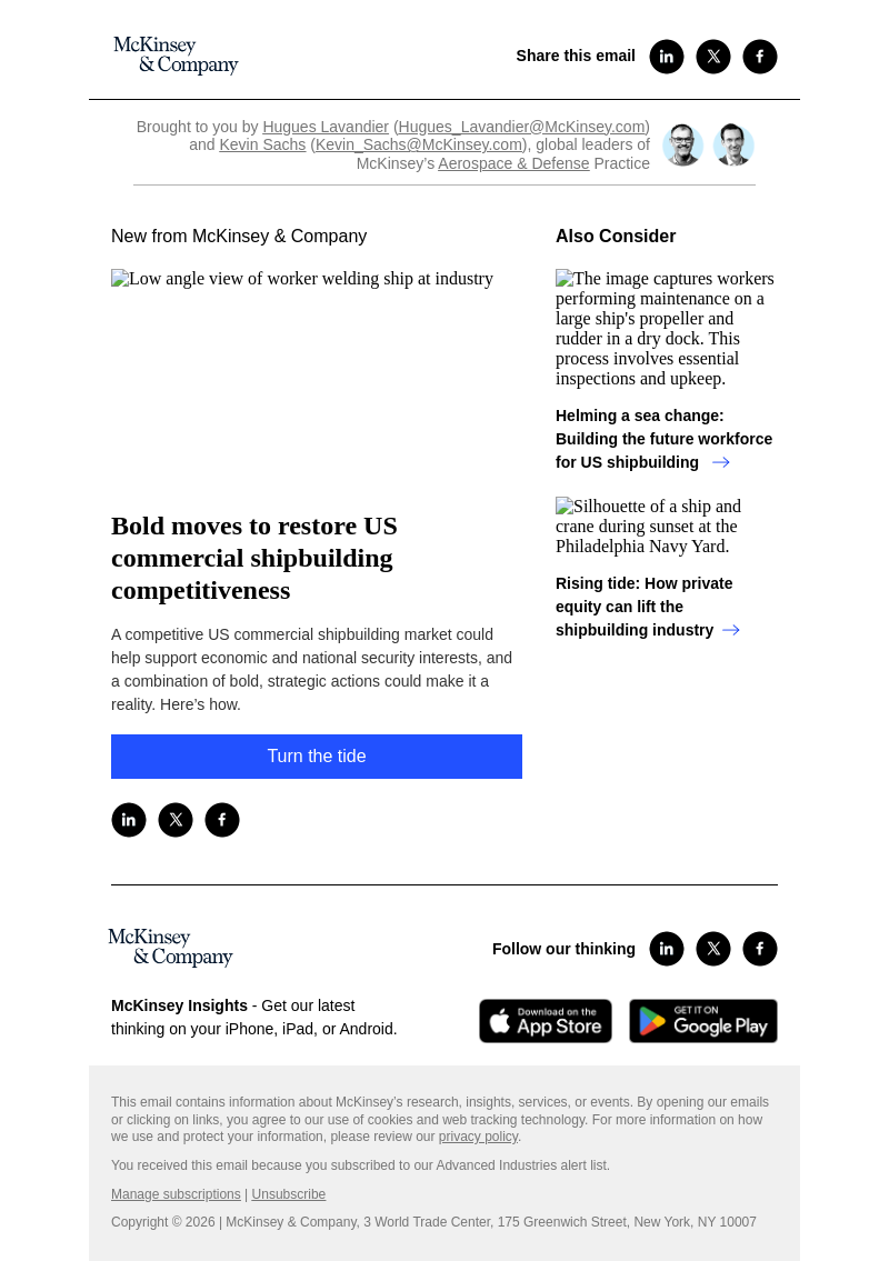 Письмо компании «McKinsey & Company» на тему «Bold moves to restore US commercial shipbuilding competitiveness»