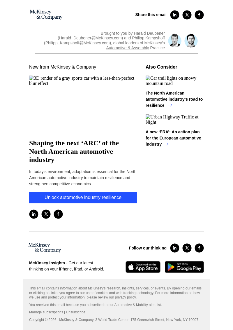 Письмо компании «McKinsey & Company» на тему «Shaping the next ‘ARC’ of the North American automotive industry»
