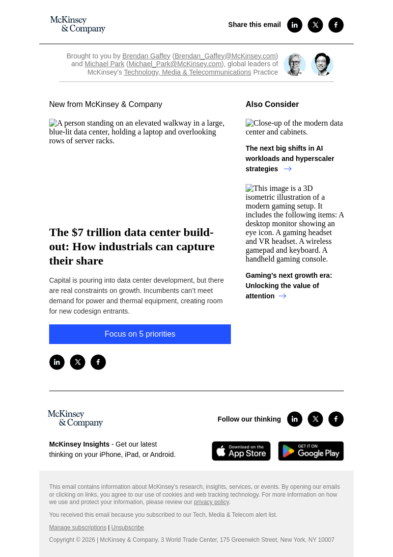 Письмо компании «McKinsey & Company» на тему «The $7 trillion data center build-out: How industrials can capture
 their share»