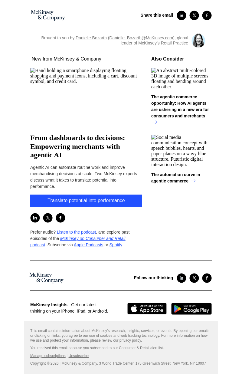 Письмо компании «McKinsey & Company» на тему «From dashboards to decisions: Empowering merchants with agentic AI»