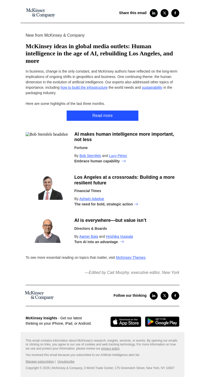 Письмо компании «McKinsey & Company» на тему «McKinsey in global media outlets: Human intelligence in the age of
 AI, rebuilding Los Angeles, and more»