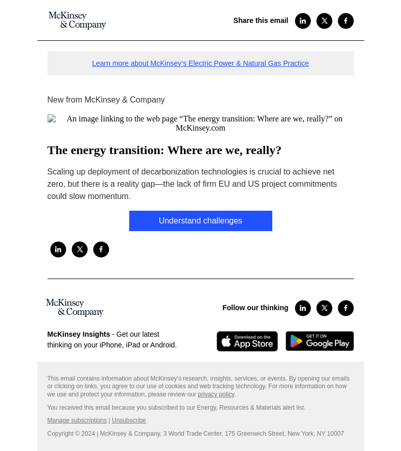 Письмо компании «McKinsey & Company» на тему «The energy transition: Where are we, really?»