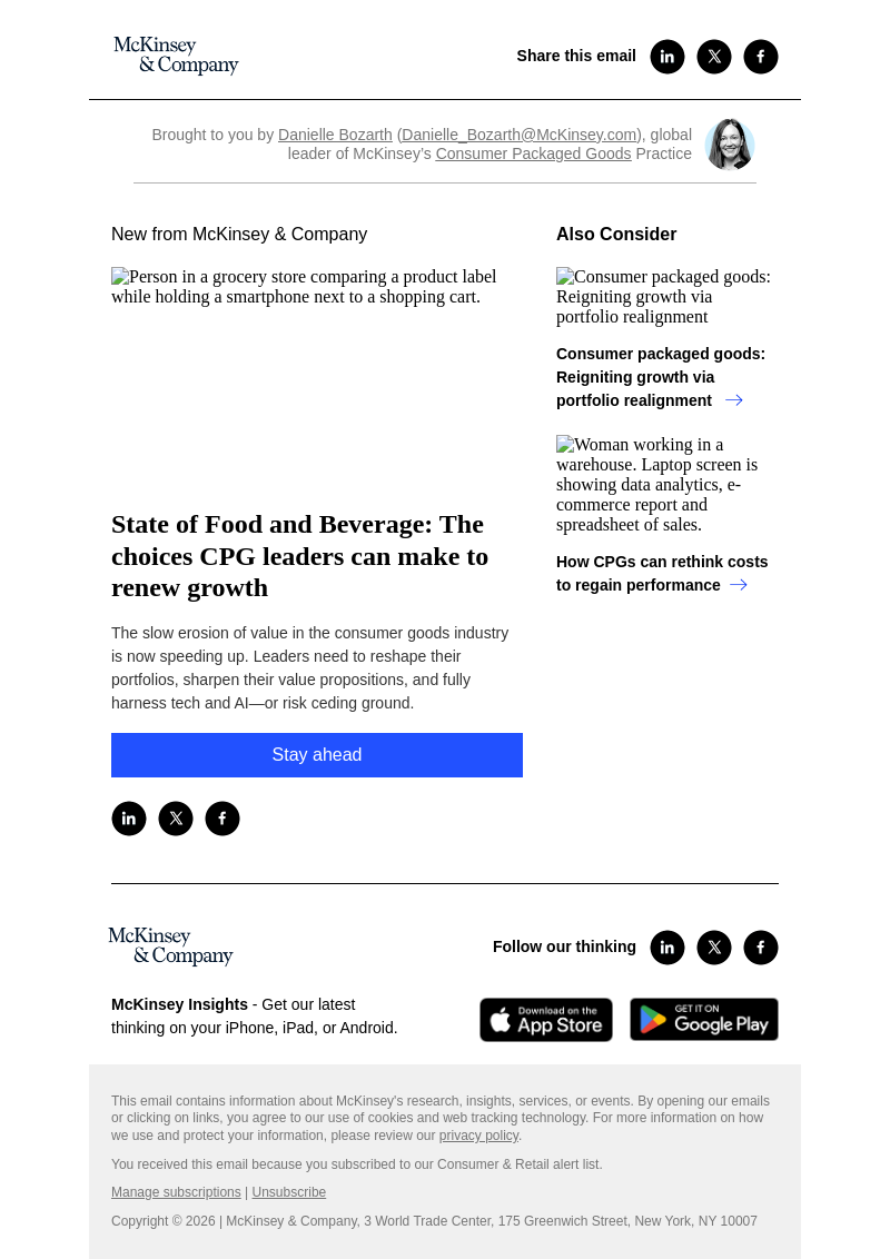 Письмо компании «McKinsey & Company» на тему «State of Food and Beverage: The choices CPG leaders can make to
 renew growth»