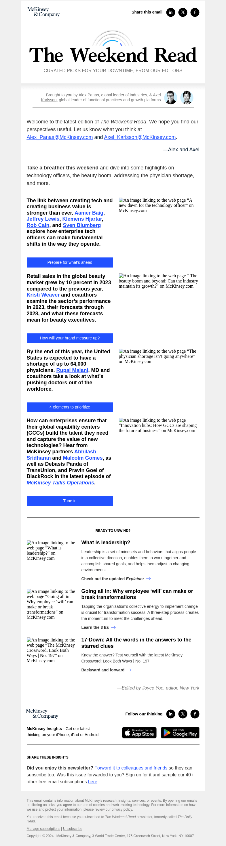 Письмо компании «McKinsey & Company» на тему «Technology officers, the beauty boom, global capability centers,
 and more insights for the weekend»