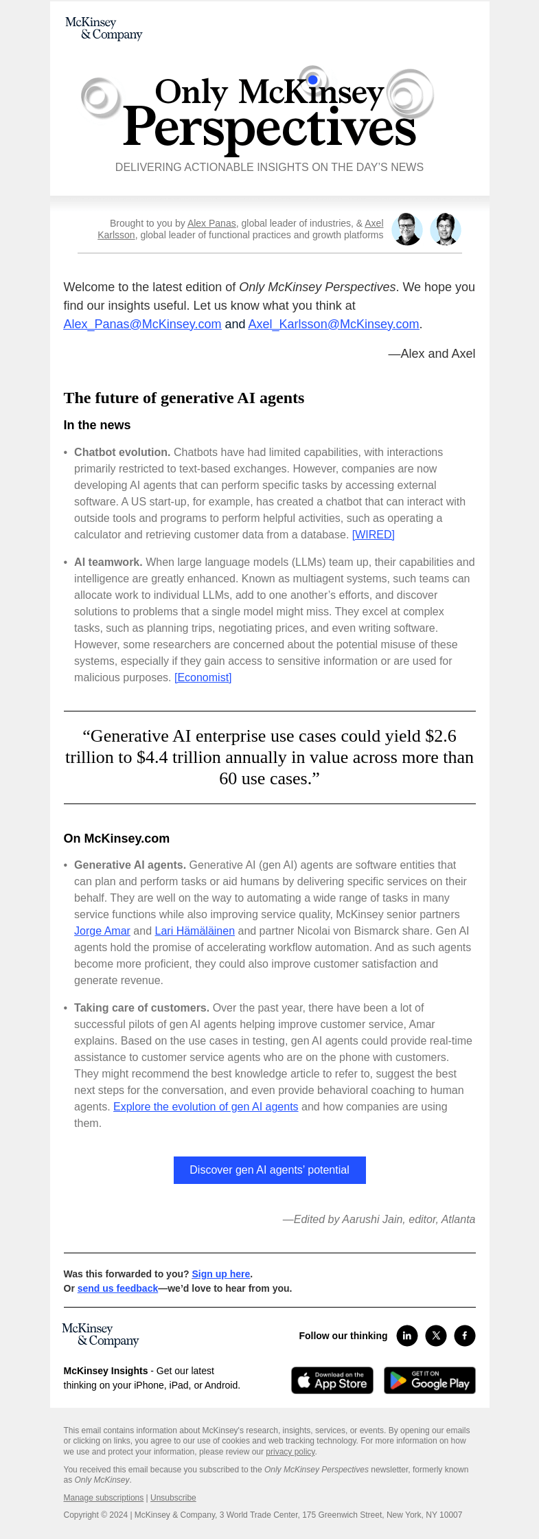 Письмо компании «McKinsey & Company» на тему «How might generative AI agents create enterprise value?»