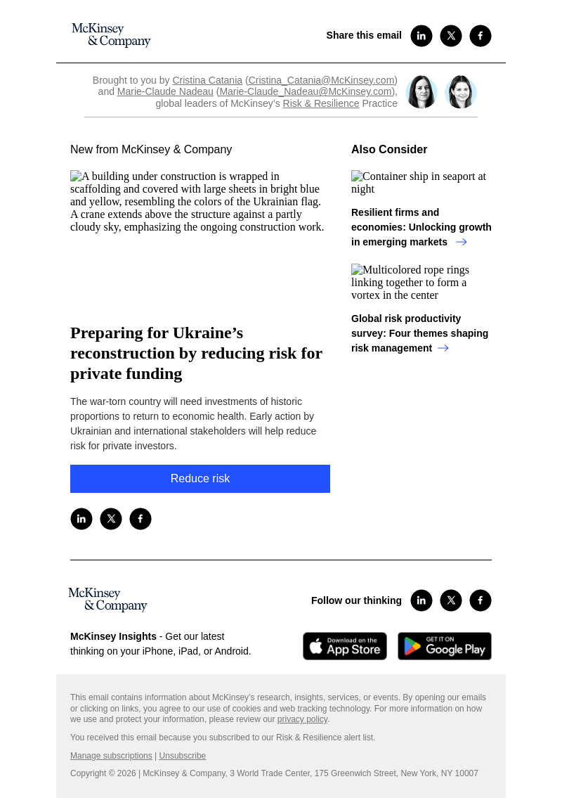 Письмо компании «McKinsey & Company» на тему «Preparing for Ukraine’s reconstruction by reducing risk for private funding»