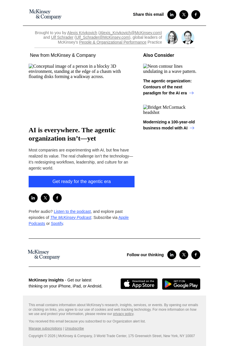 Письмо компании «McKinsey & Company» на тему «AI is everywhere. The agentic organization isn’t—yet»