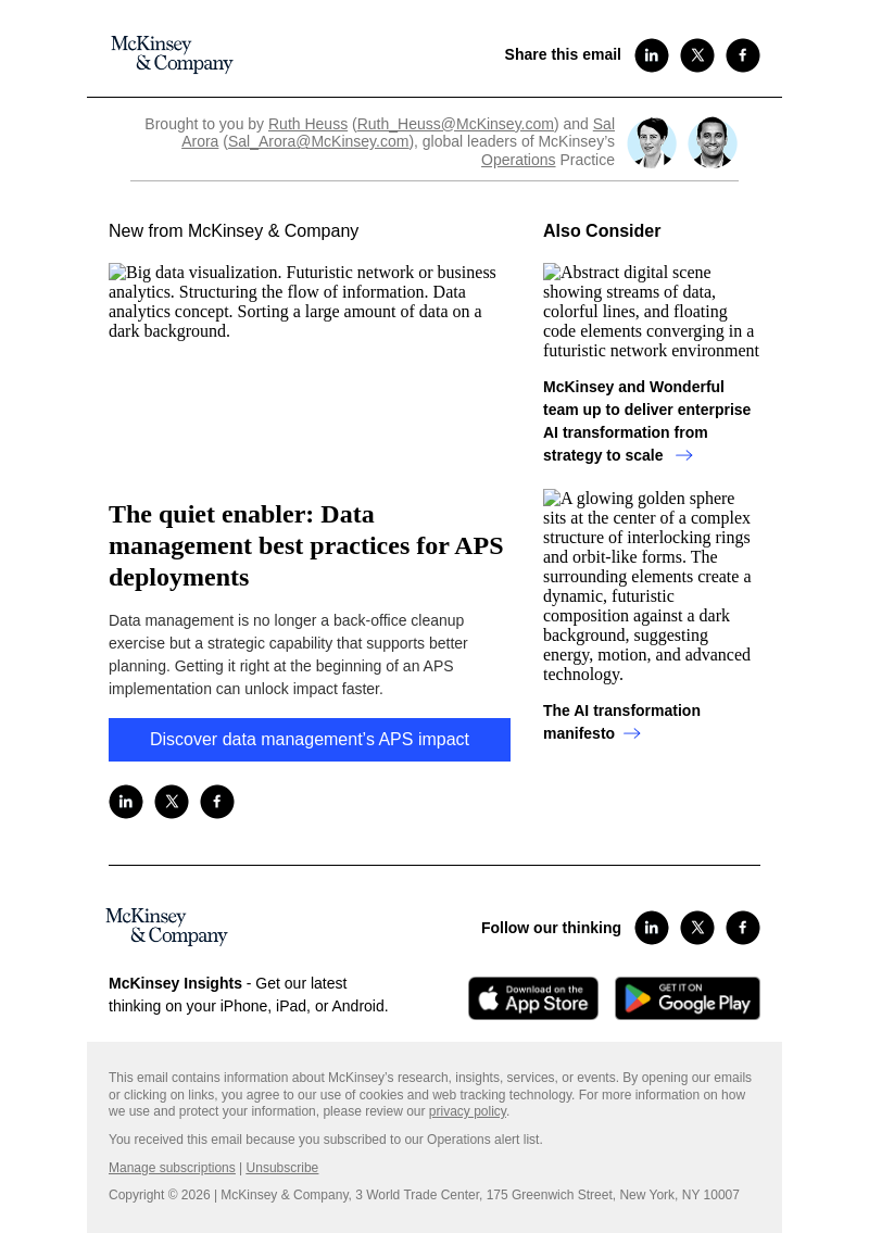 Письмо компании «McKinsey & Company» на тему «The quiet enabler: Data management best practices for APS
 deployments»
