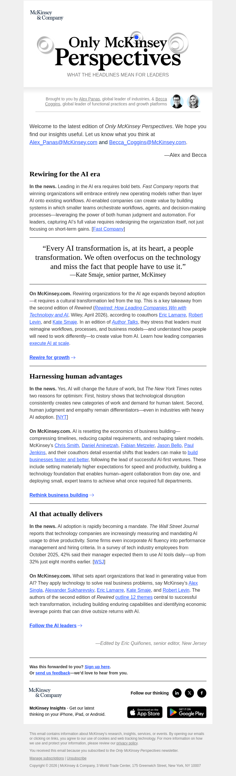 Письмо компании «McKinsey & Company» на тему «Rewiring for the AI era: Why human skills, not just tech, separate
 leading adopters from their peers»