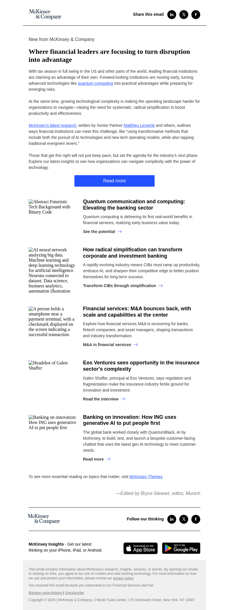 Письмо компании «McKinsey & Company» на тему «Where financial leaders are focusing to turn disruption into
 advantage»