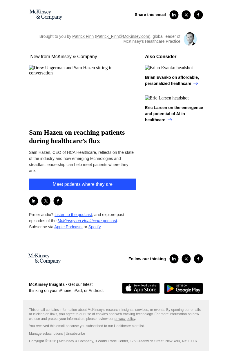 Письмо компании «McKinsey & Company» на тему «Sam Hazen on reaching patients during healthcare’s flux»