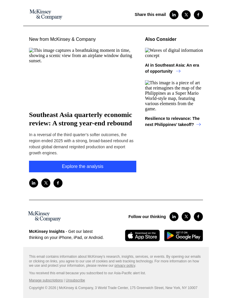 Письмо компании «McKinsey & Company» на тему «Southeast Asia quarterly economic review: A strong year-end rebound»