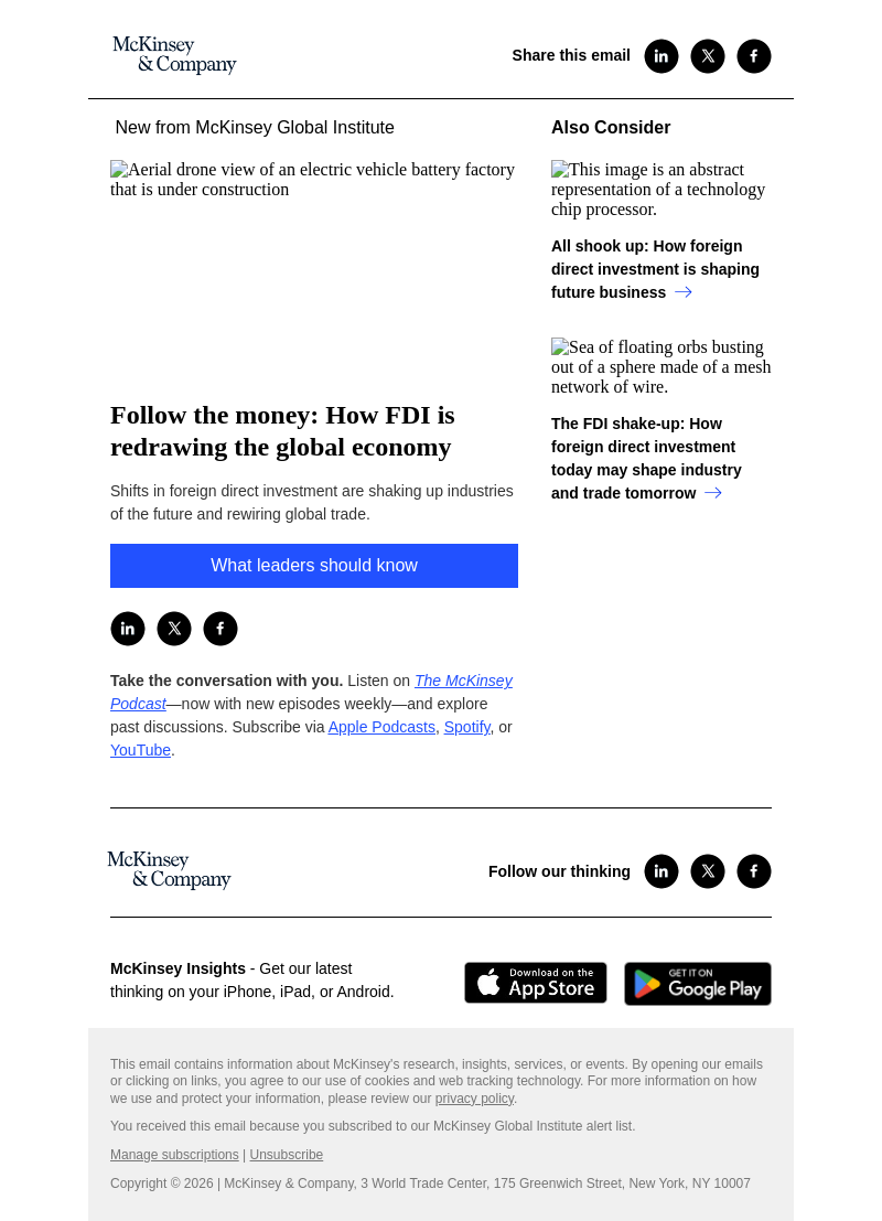 Письмо компании «McKinsey & Company» на тему «Follow the money: How FDI is redrawing the global economy»