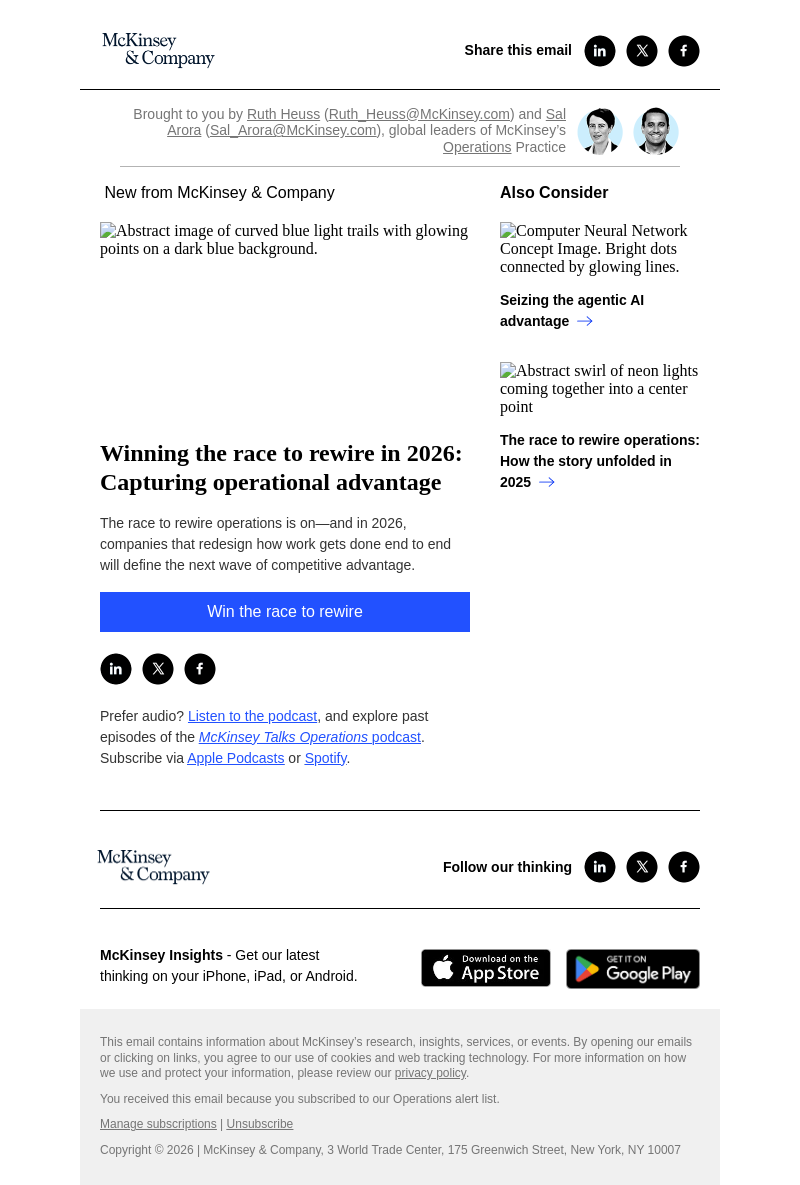Письмо компании «McKinsey & Company» на тему «Winning the race to rewire in 2026: Capturing operational advantage»