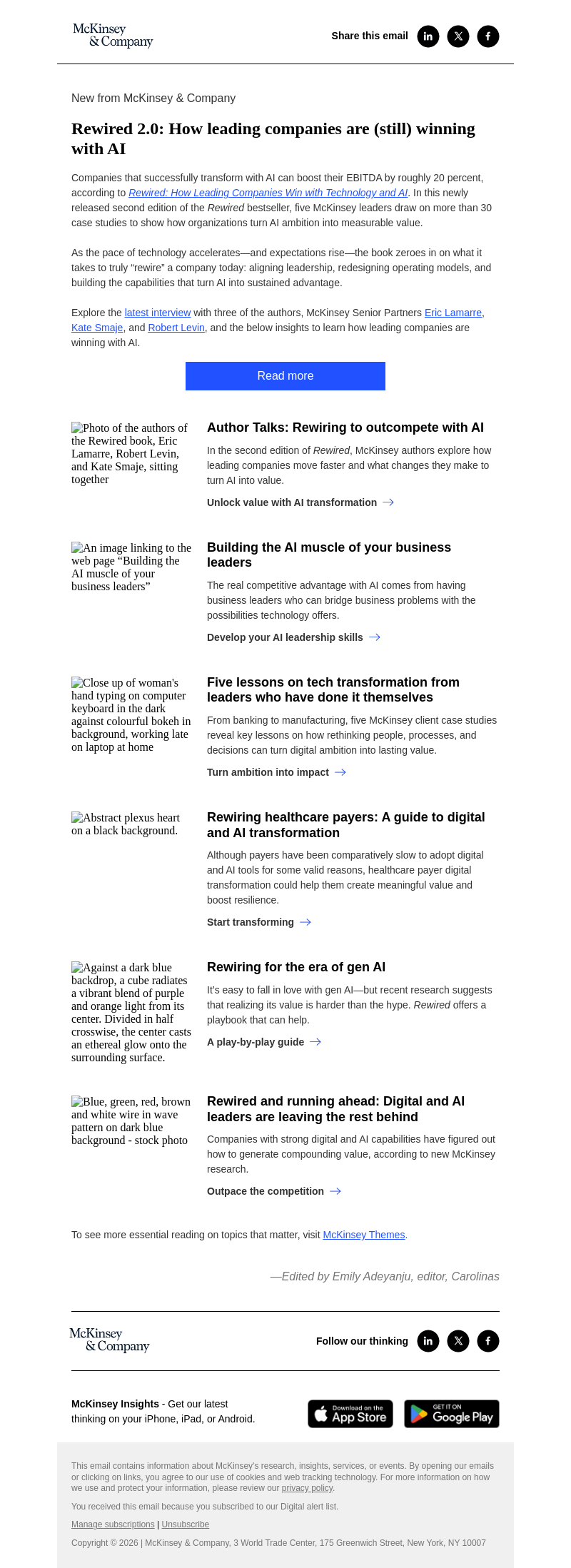 Письмо компании «McKinsey & Company» на тему «Rewired 2.0: How leading companies are (still) winning with AI»