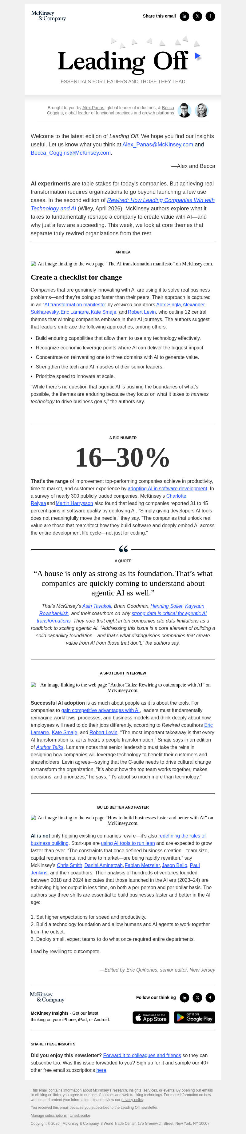 Письмо компании «McKinsey & Company» на тему «How top companies are rewiring for the AI age: A leader’s guide»