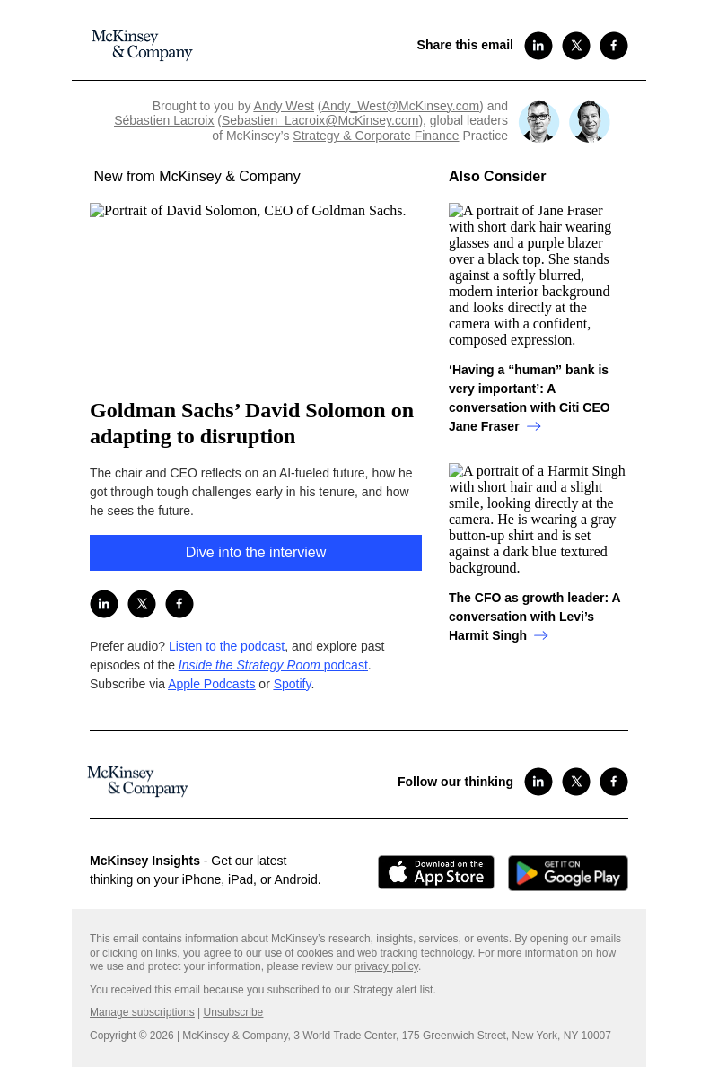 Письмо компании «McKinsey & Company» на тему «Goldman Sachs’ David Solomon on adapting to disruption»