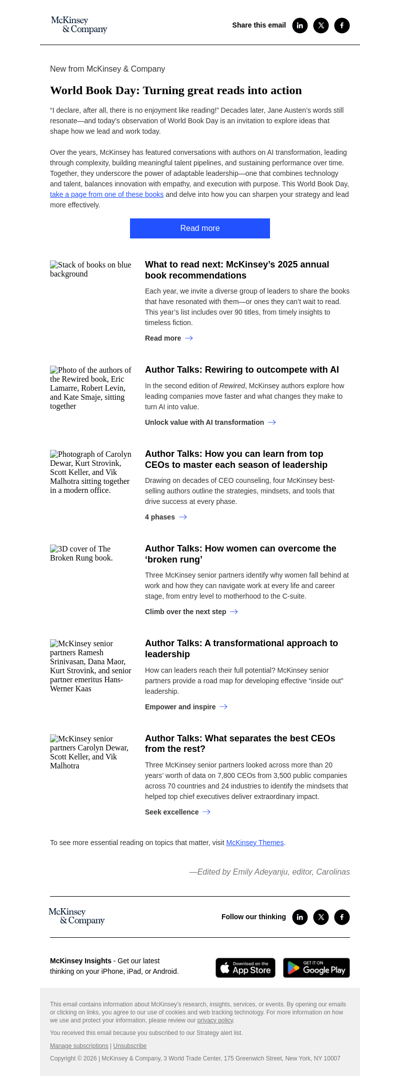 Письмо компании «McKinsey & Company» на тему «World Book Day: Turning great reads into action»